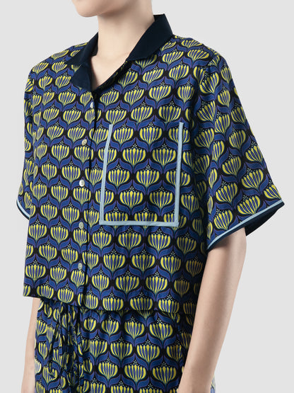 Navy Sana Lotus printed cropped shirt