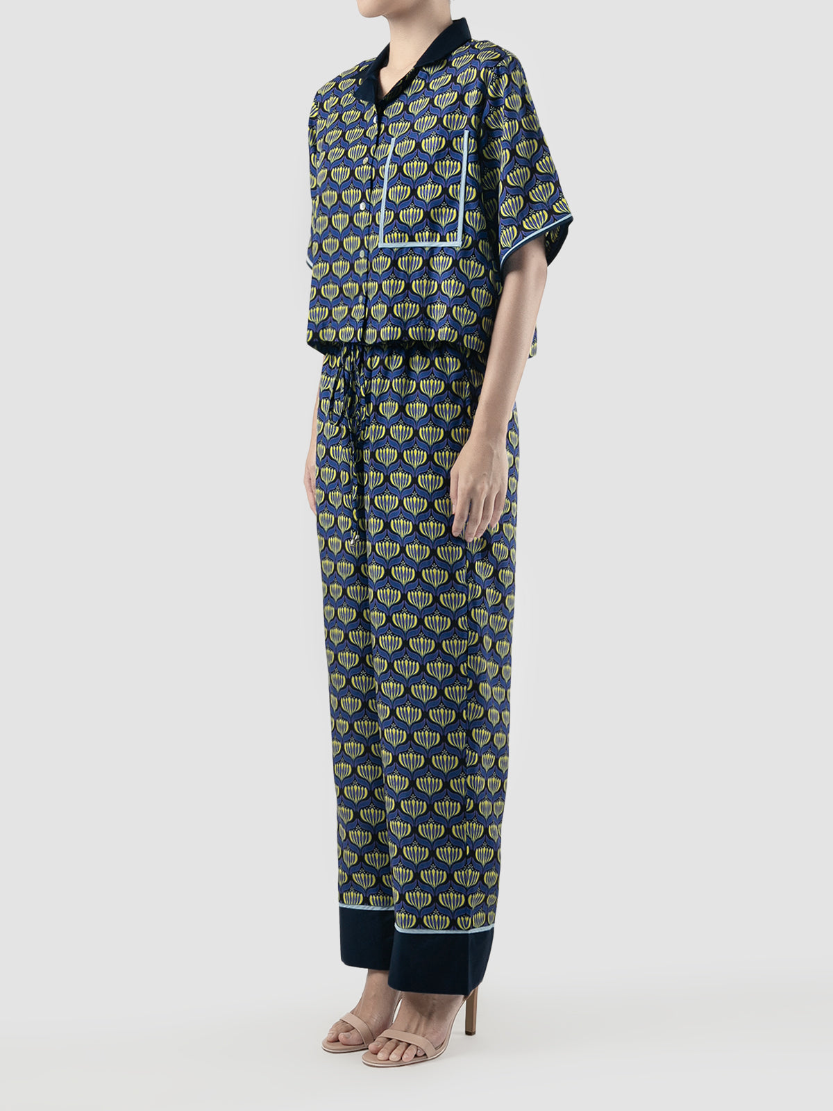 Navy Sana Lotus printed cropped shirt