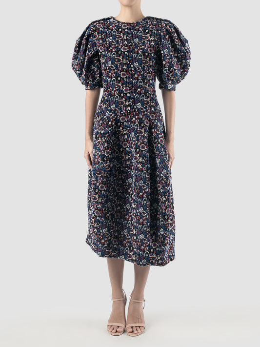 Cobalt blue jacquard midi dress with pouffe sleeves