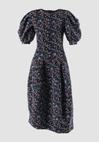 Cobalt blue jacquard midi dress with pouffe sleeves