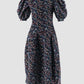 Cobalt blue jacquard midi dress with pouffe sleeves