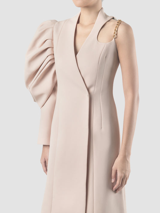 Pink terylene blazer dress with asymmetrical sleeves