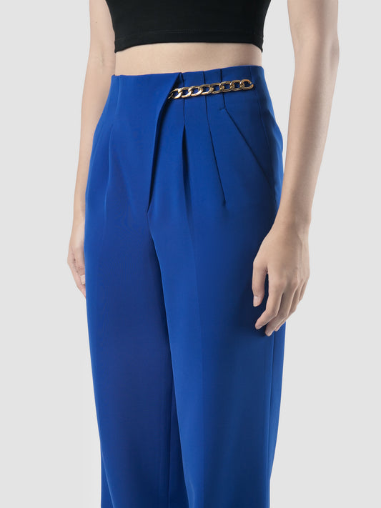 Cobalt blue chain-embellished wide leg trousers