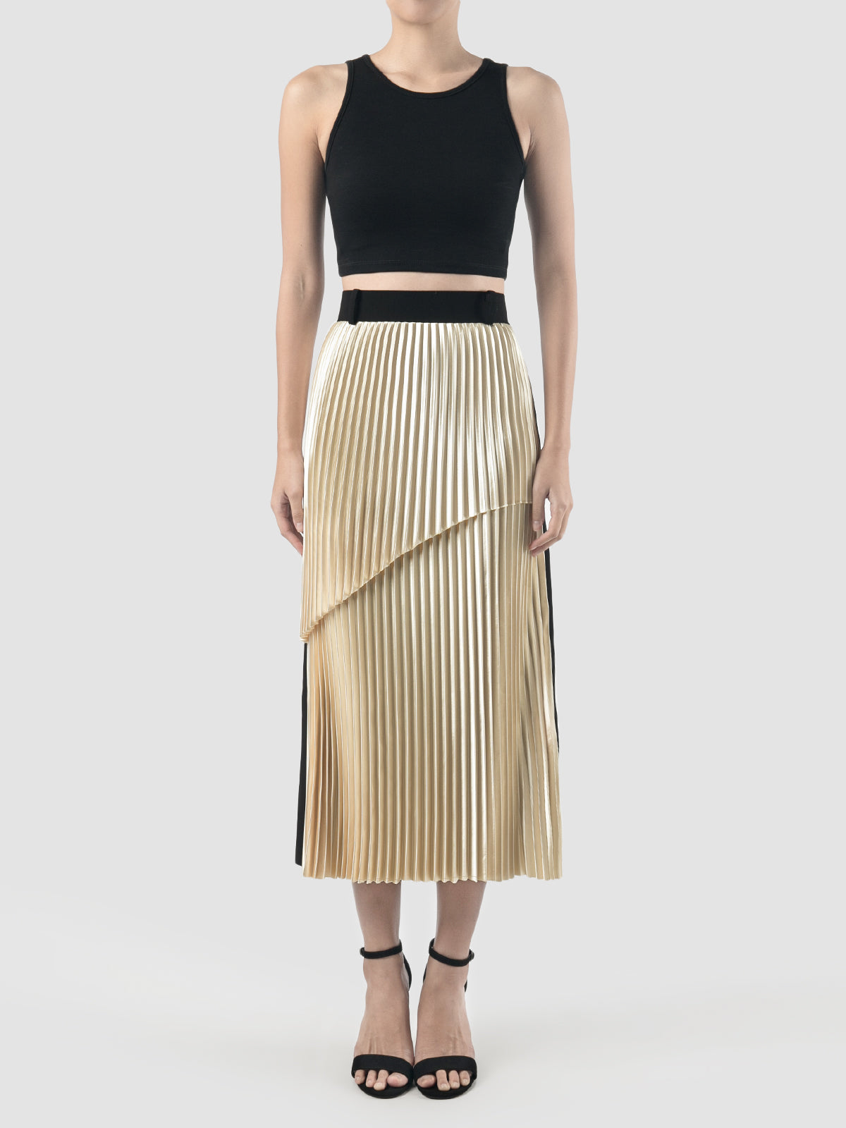 Canary, licorice black tiered pleated midi pencil skirt