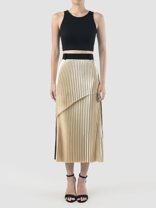 Canary, licorice black tiered pleated midi pencil skirt