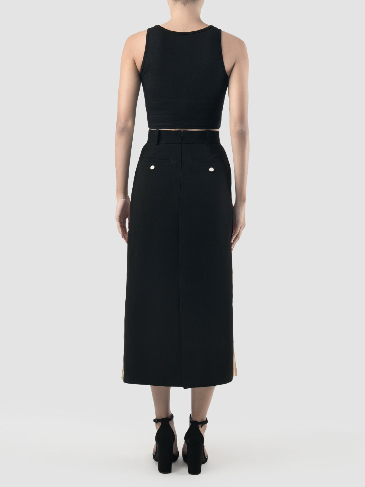 Canary, licorice black tiered pleated midi pencil skirt