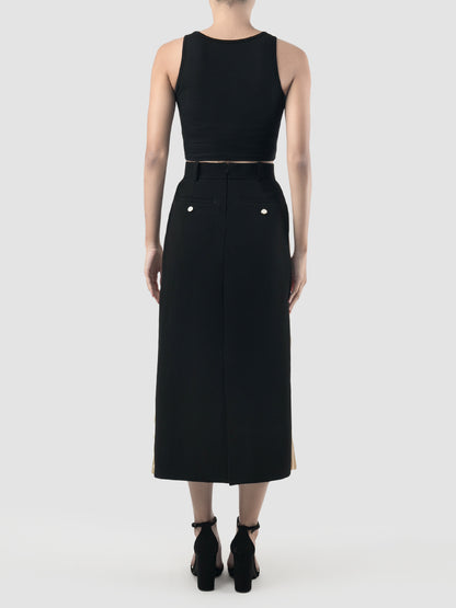 Canary, licorice black tiered pleated midi pencil skirt
