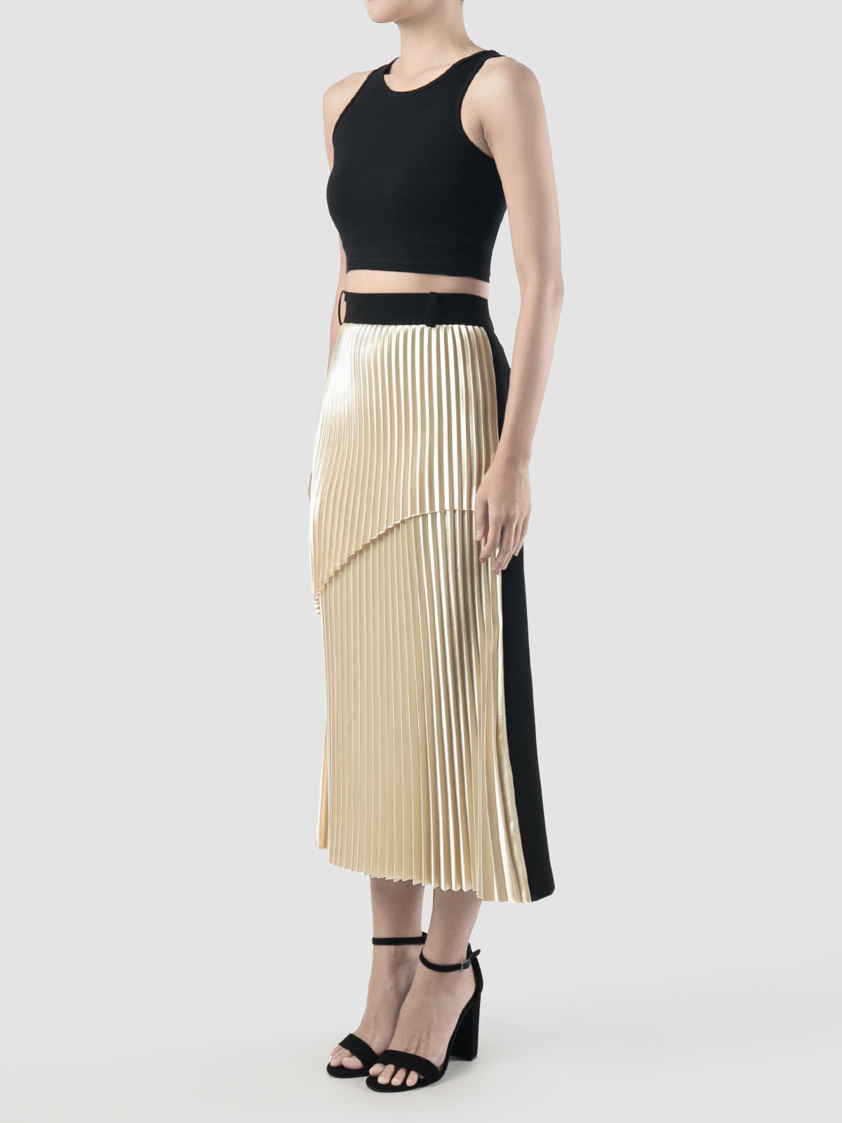 Canary, licorice black tiered pleated midi pencil skirt