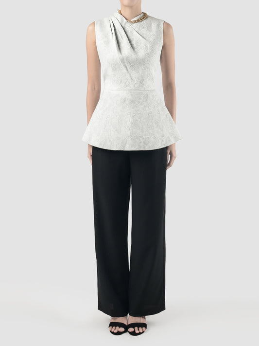 Grey paisley jacquard sleeveless peplum top