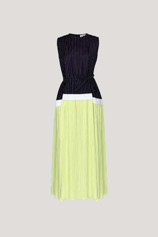 Frisson Dress in Navy Stripes/Neon Yellow Pleats