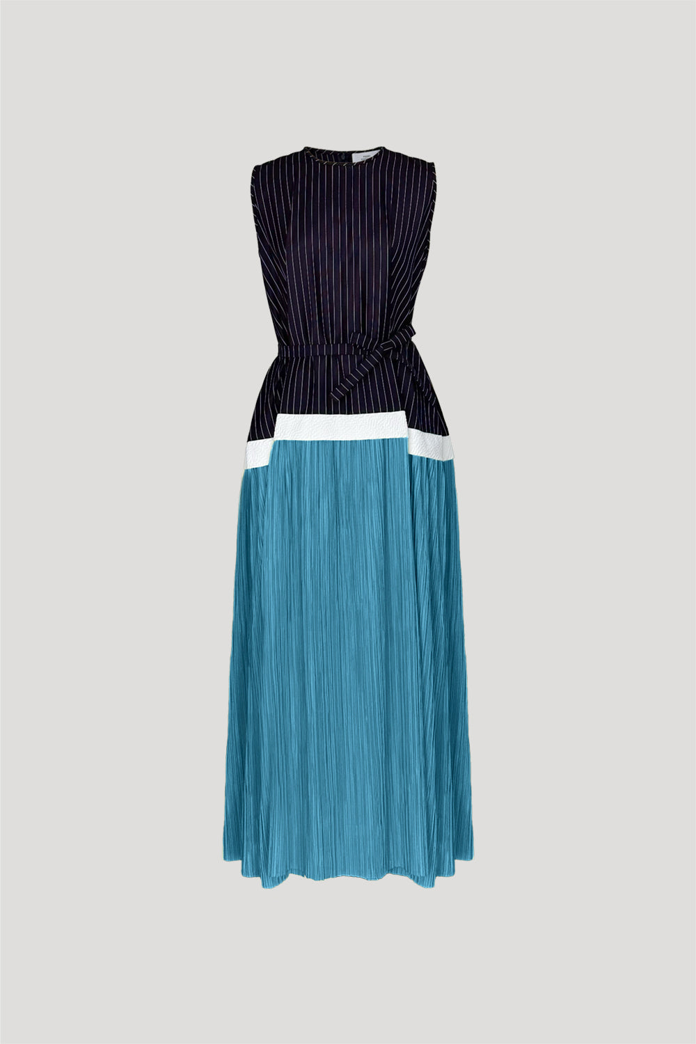 Frisson Dress in Navy Stripes/Turquoise Pleats