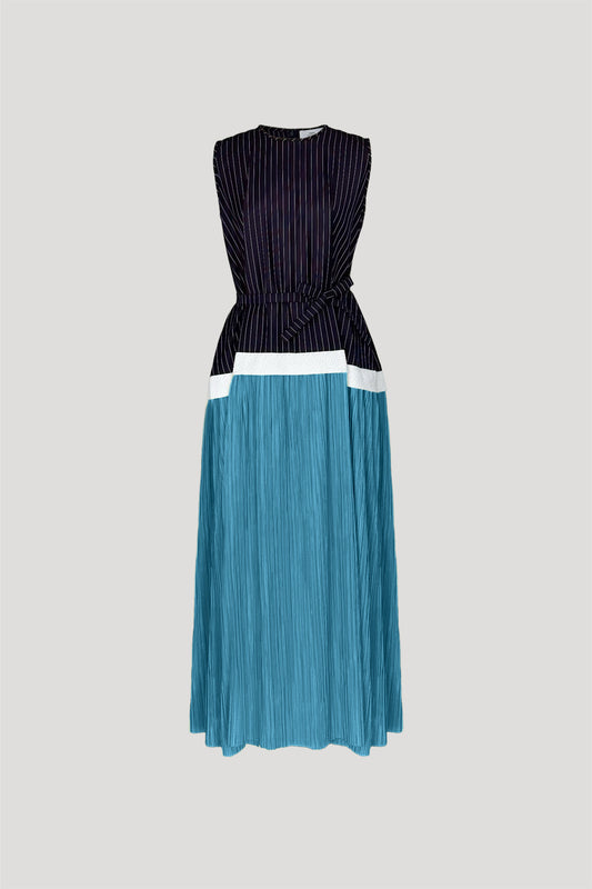 Frisson Dress in Navy Stripes/Turquoise Pleats