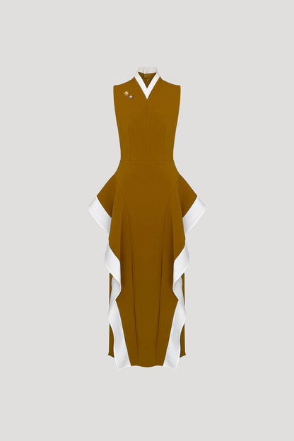 Ochre Brown & White Hibari Dress