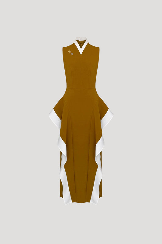 Ochre Brown & White Hibari Dress