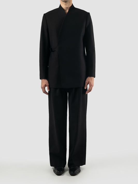 Black double-breasted belted jacket