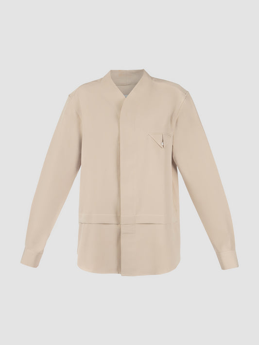 Beige Part 5 collarless long-sleeved pleated shirt