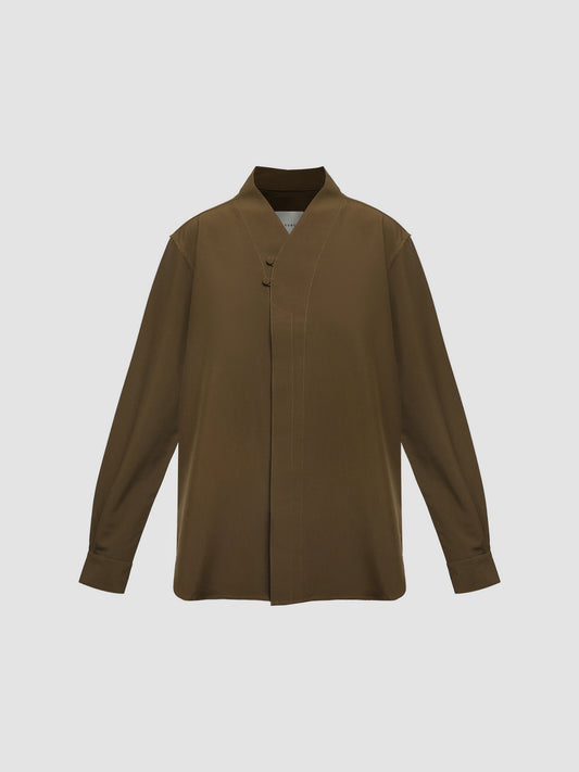 Olive Collarless Mandarin Long Sleeve Shirt