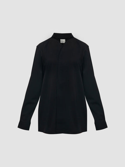 Black Collarless Double Placket Long Sleeve Shirt