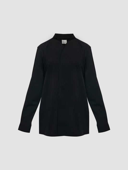 Black Collarless Double Placket Long Sleeve Shirt