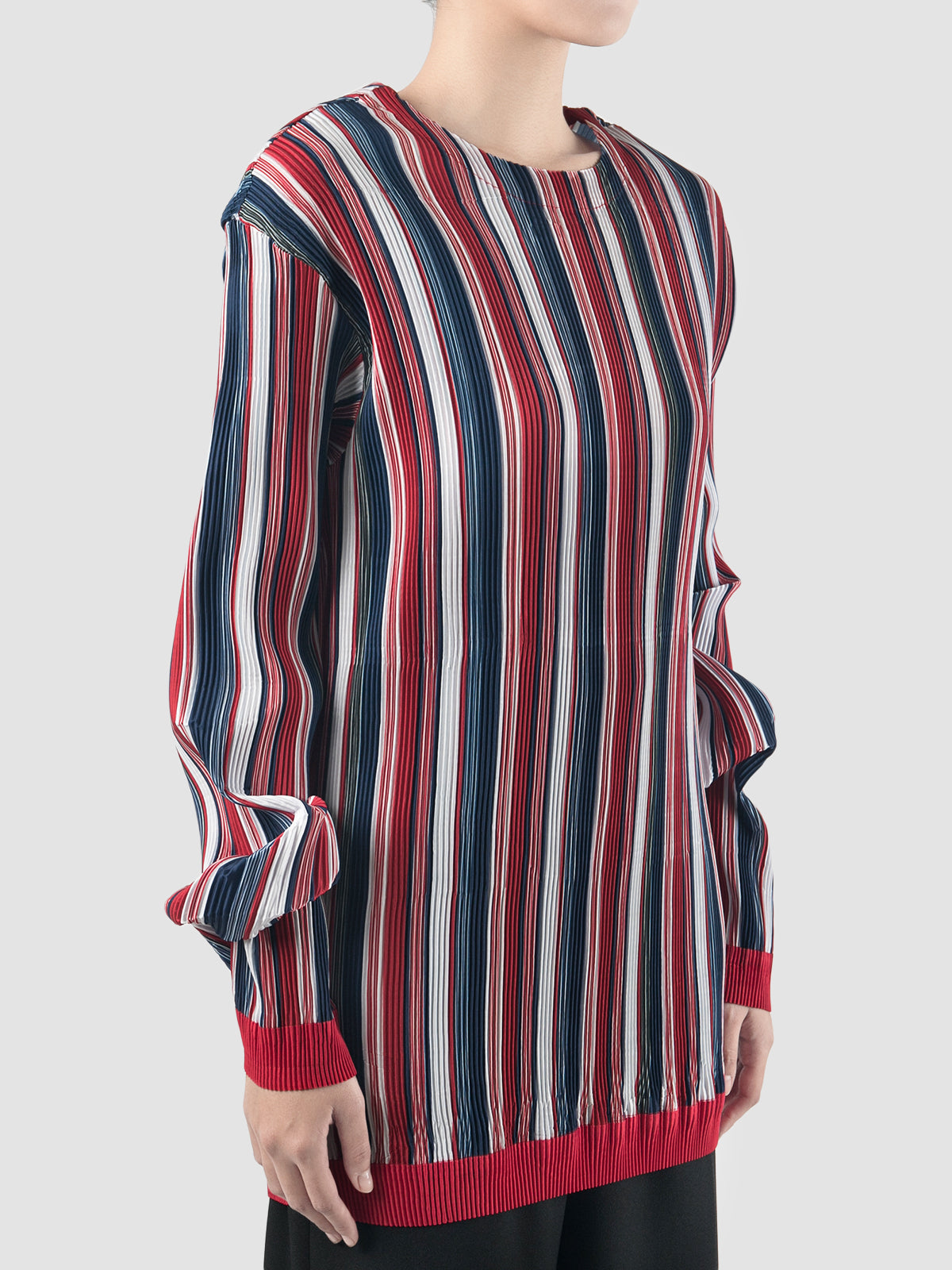 Red pleated stripe taffeta pullover