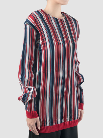 Red pleated stripe taffeta pullover