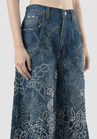 Blue sashiko embroidered washed denim Bermuda pants