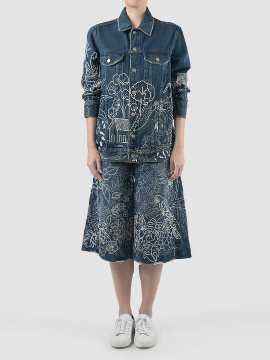 Blue sashiko embroidered washed denim jacket