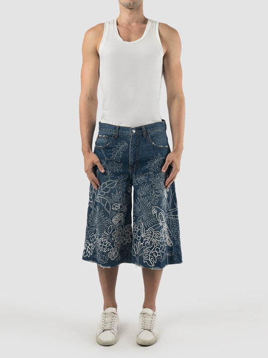 Blue sashiko embroidered washed denim Bermuda pants