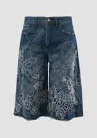 Blue sashiko embroidered washed denim Bermuda pants