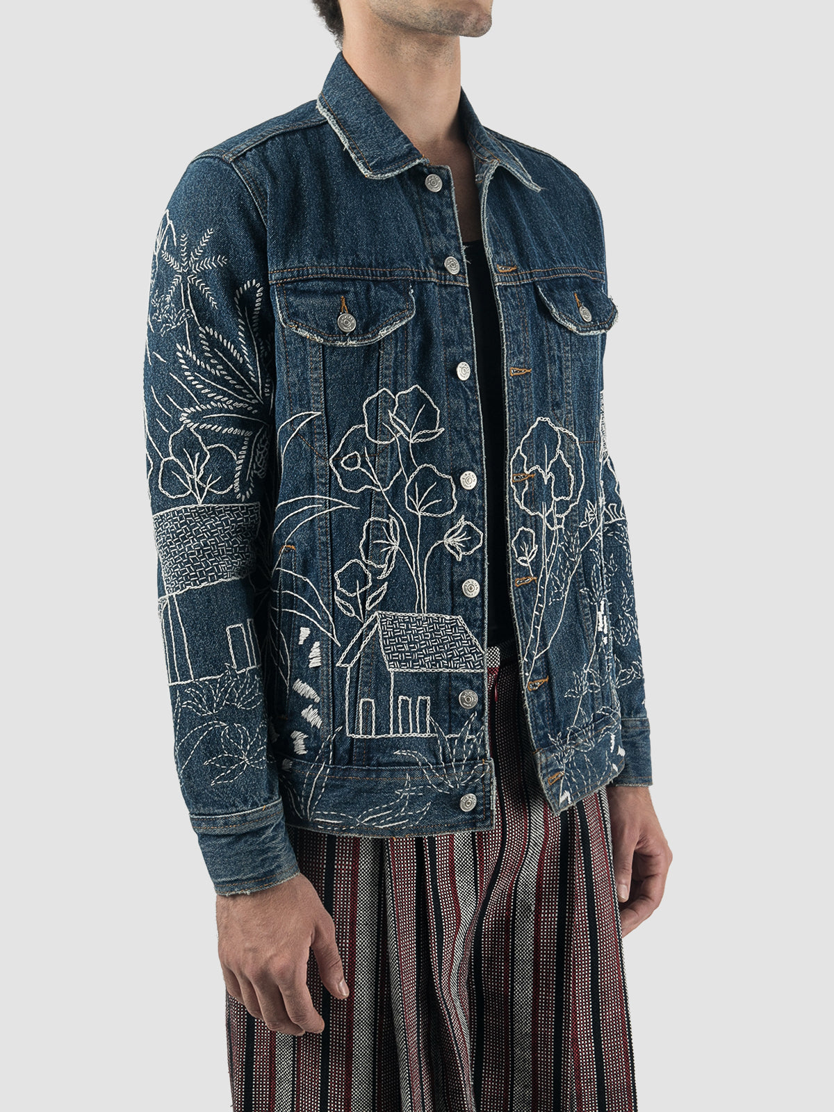 Blue sashiko embroidered washed denim jacket - Main Image