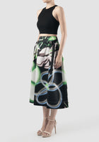 V-Cut Buckle black flare skirt with floral prints