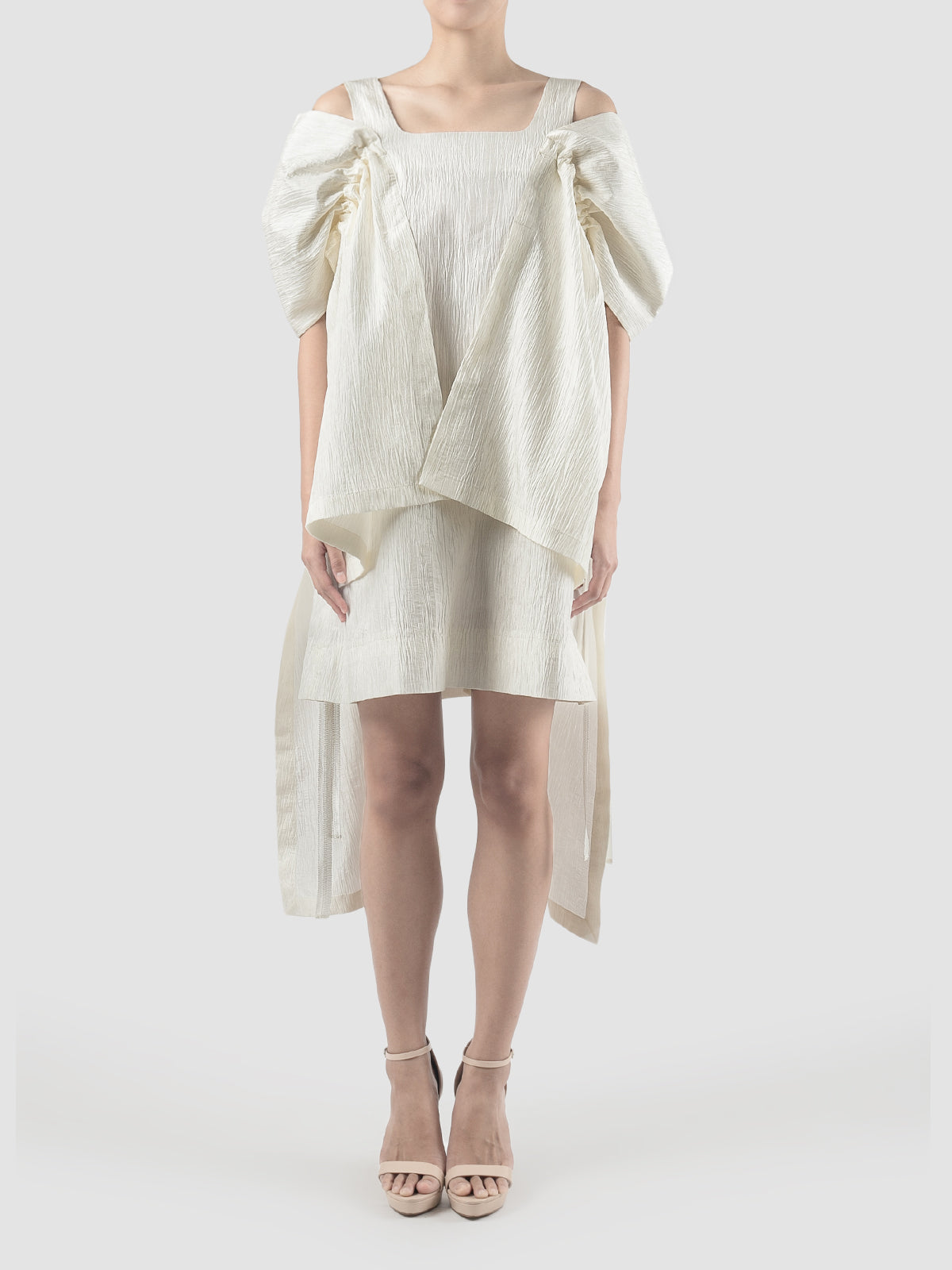 White square-necked mini dress with shawl accents