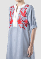 Blue Ixora midi dress with red embroidery
