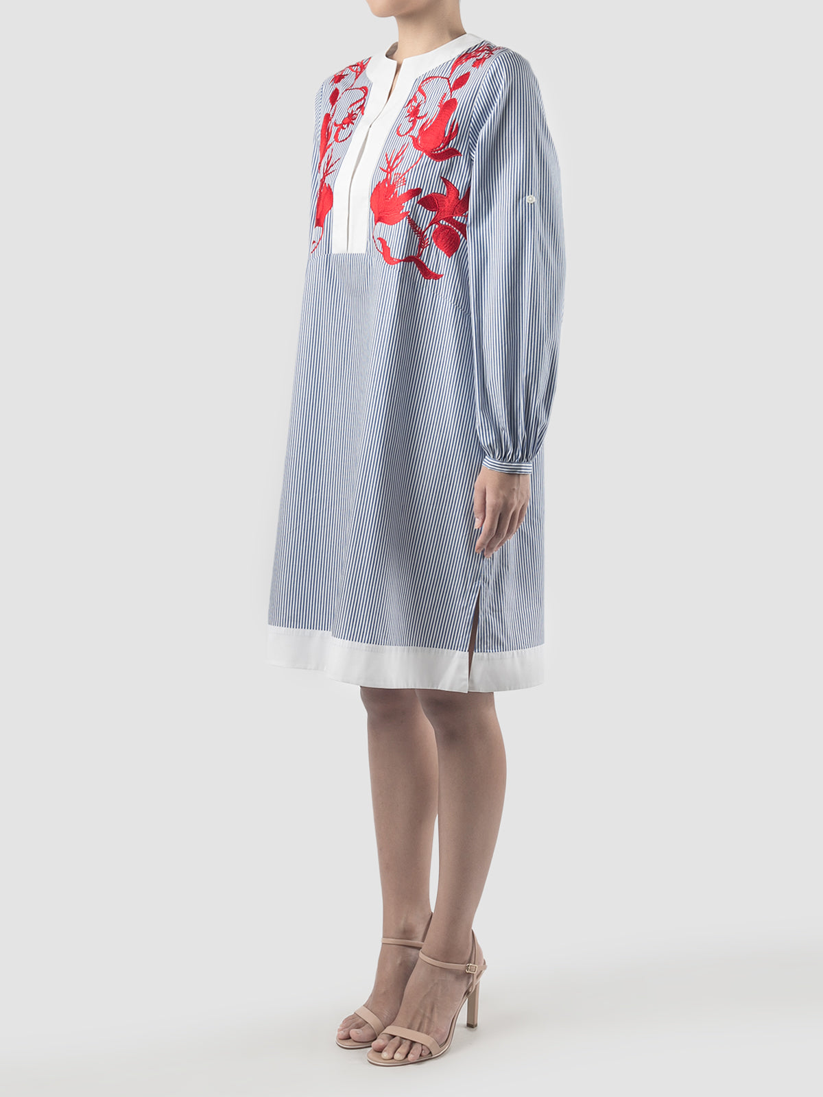 Blue Ixora midi dress with red embroidery