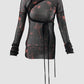 Black knitted mesh deconstructed top with Skribbl red pattern