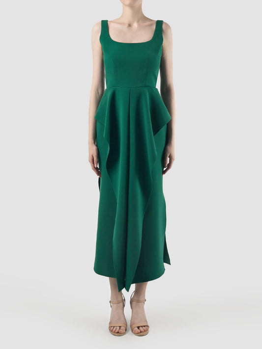 Parsley green crepe Jesamine voluminous midi dress