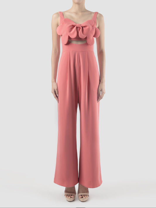 Octave coral jumpsuit with scalloped bow and cutout