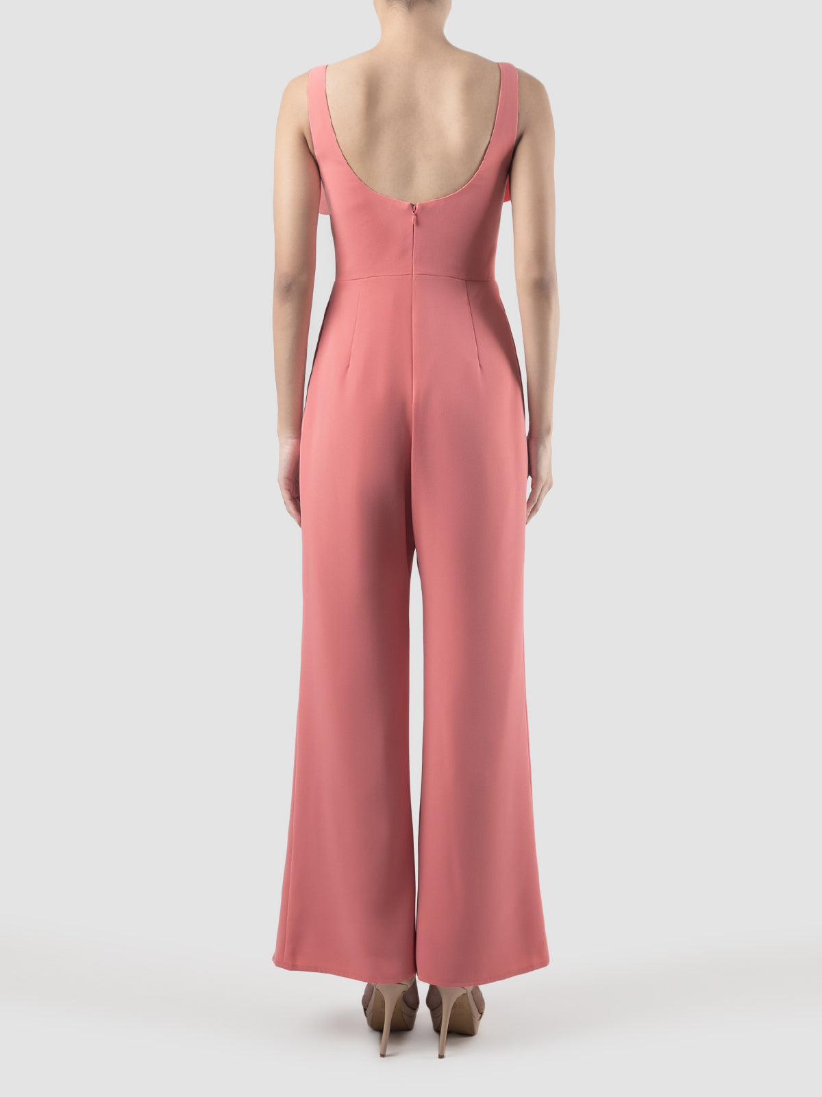 Octave coral jumpsuit with scalloped bow and cutout