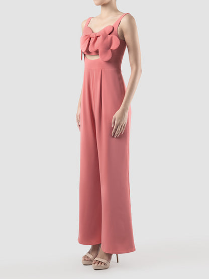 Octave coral jumpsuit with scalloped bow and cutout
