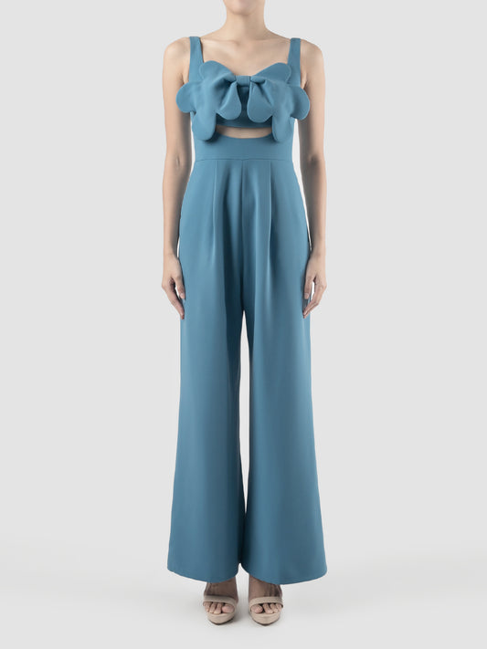 Octave light royal blue jumpsuit with scalloped bow and cutout