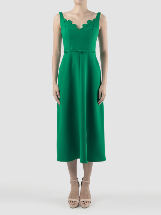 Melody fern green midi dress with scalloped neckline