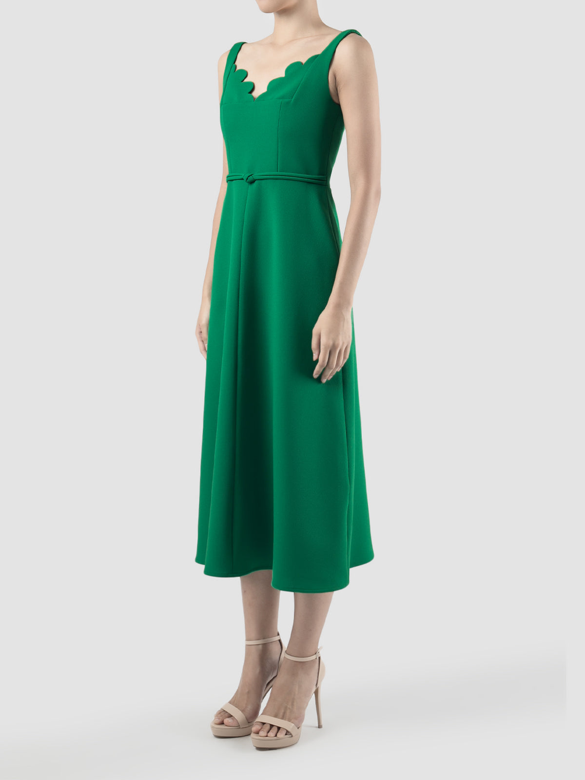 Melody fern green midi dress with scalloped neckline