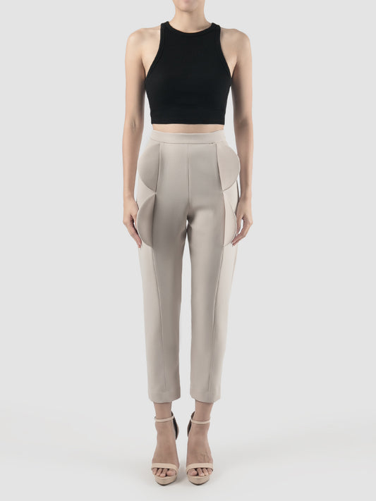 Tempo cream white straight pants with scalloped details