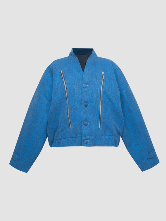 Blue Collarless Oversized Jacket