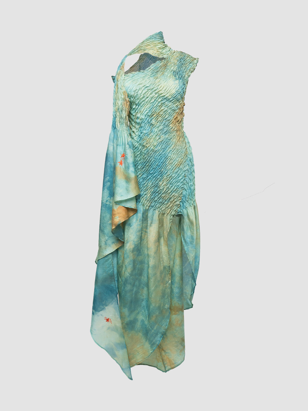 Hand Dyed Green Semi Slanted Asymmetrical Dress with Shawl
