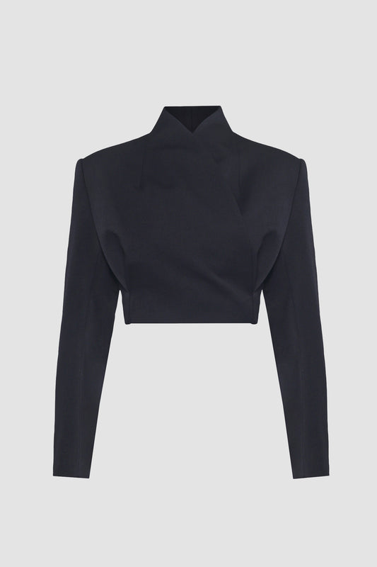 Black Collarless Women's Cropped Jacket