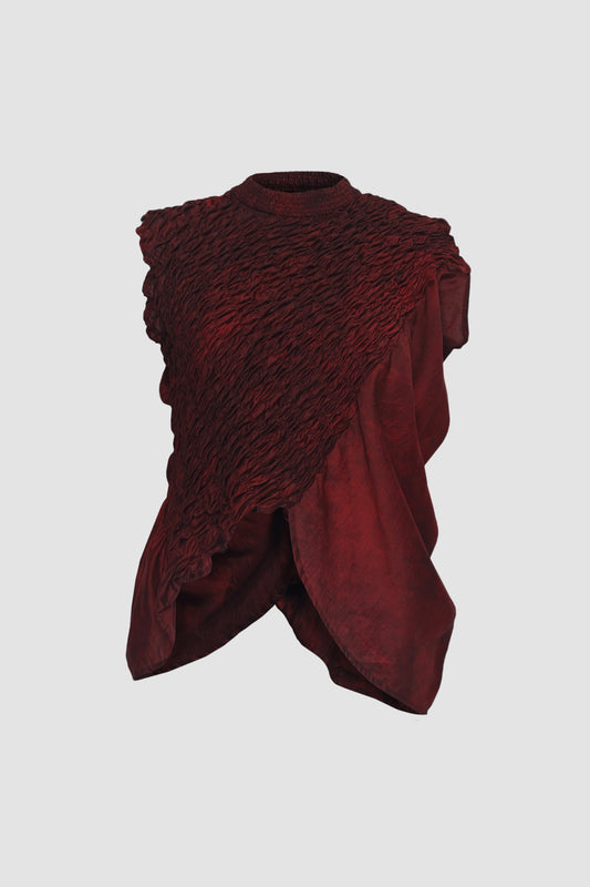 Hand Dyed Red Slanted Muscle Tee with Framed Embroidery