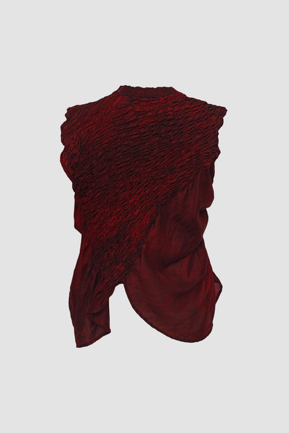 Hand Dyed Red Slanted Muscle Tee with Framed Embroidery