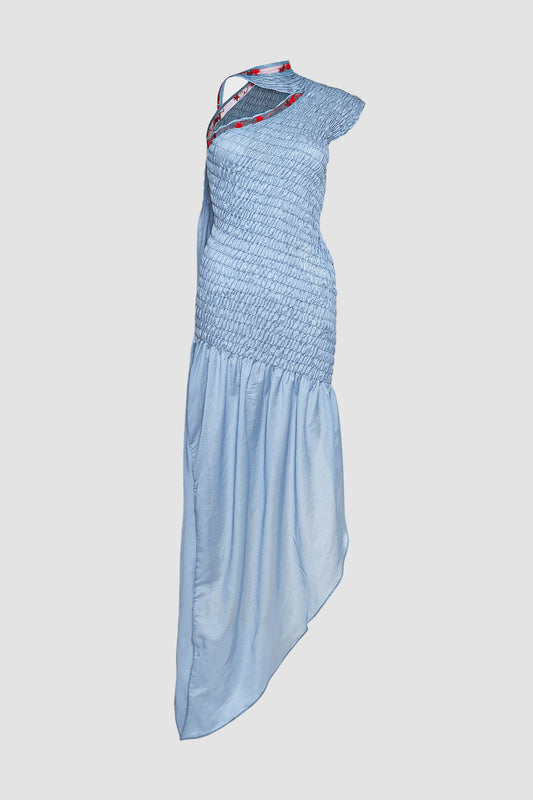 Blue Semi-slanted Asymmetrical Dress with Shawl