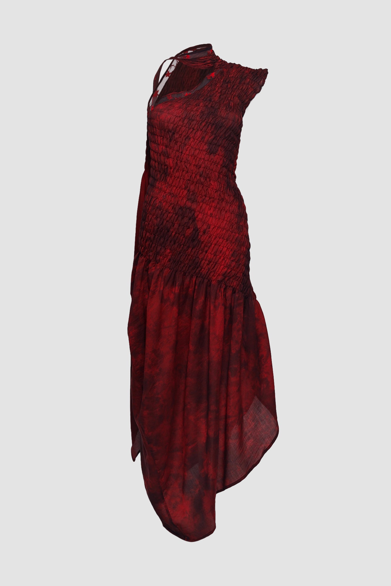 Red Semi-slanted Asymmetrical Dress with Shawl